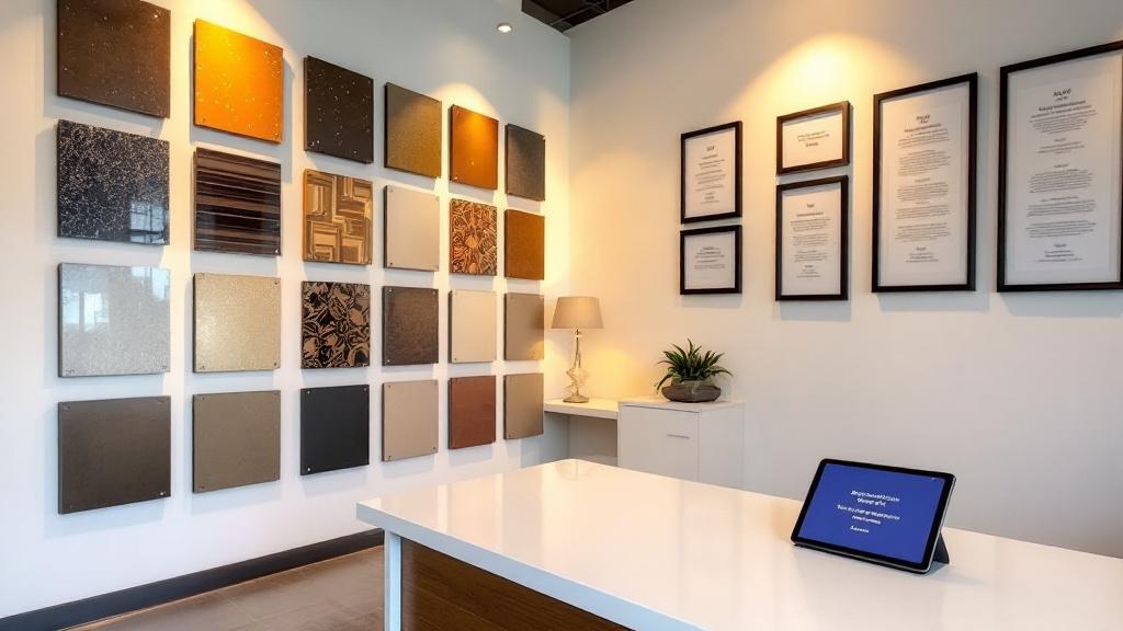 Contractor showroom with epoxy floor sample swatch wall and meeting desk