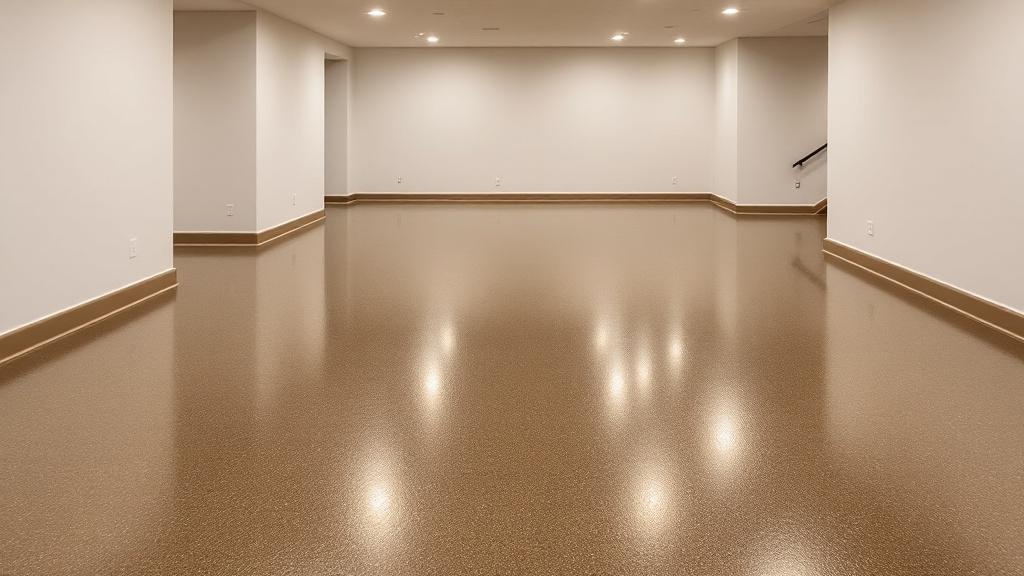 Finished basement with seamless coffee-cream epoxy floor