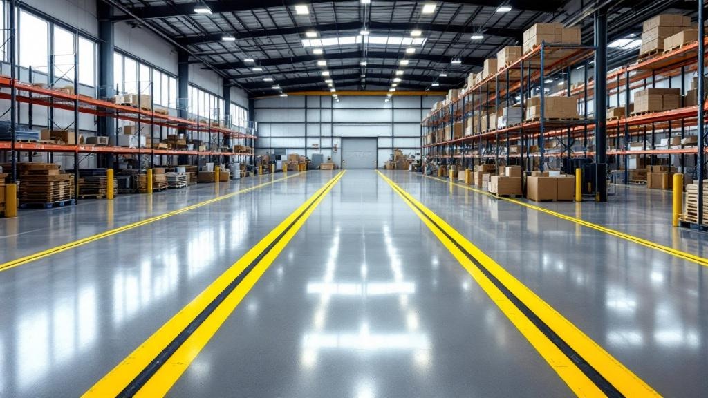 Commercial warehouse with high-build epoxy floor and traffic lanes