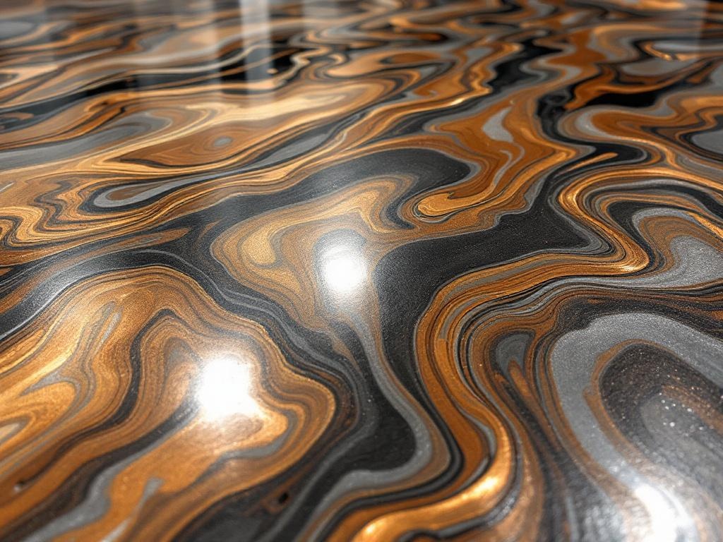 Metallic epoxy floor with copper, charcoal, and silver swirls close-up