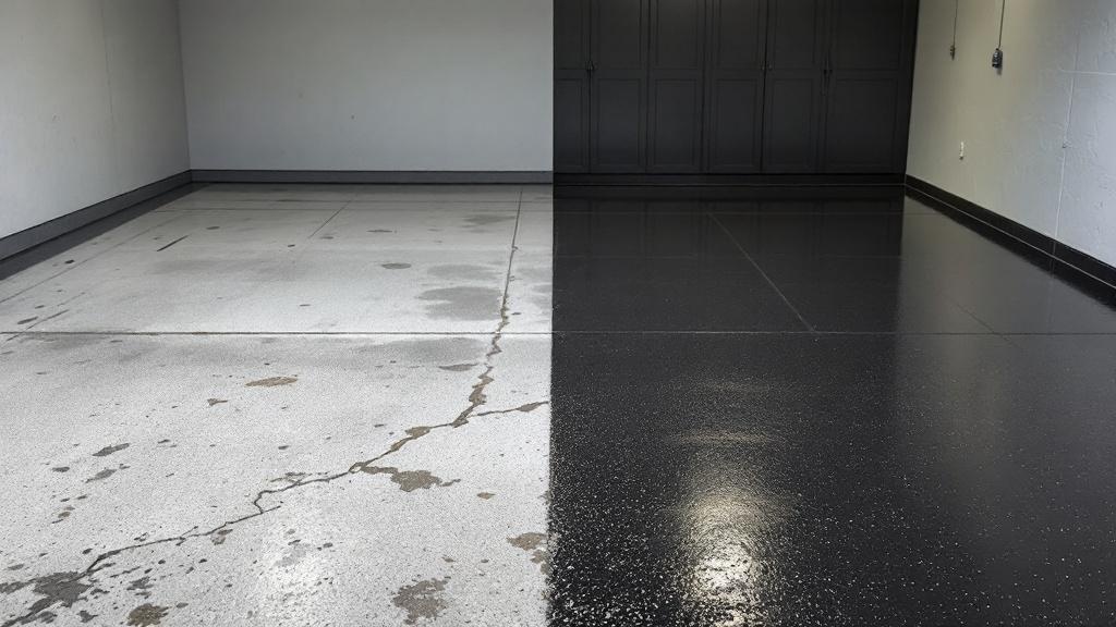 Side-by-side comparison: scuffed bare concrete garage floor next to finished polyaspartic floor
