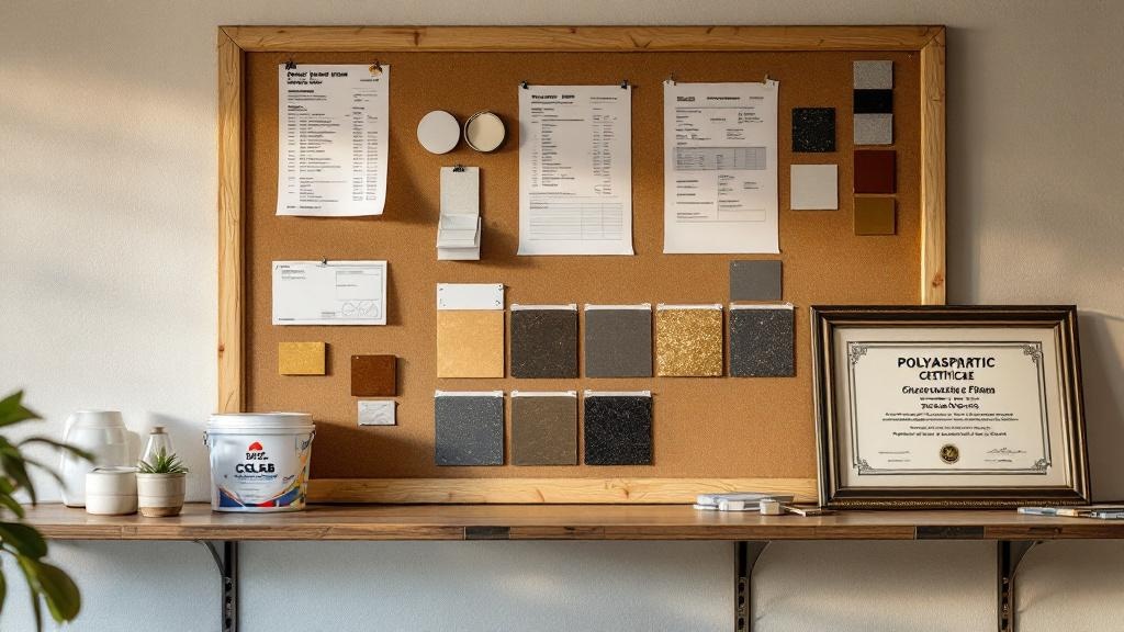 Contractor office wall with floor sample swatches and certifications